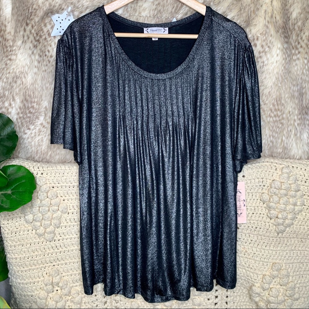 Nanette Lepore Black and Silver Glitter Pleated Flowy Short Sleeve Top